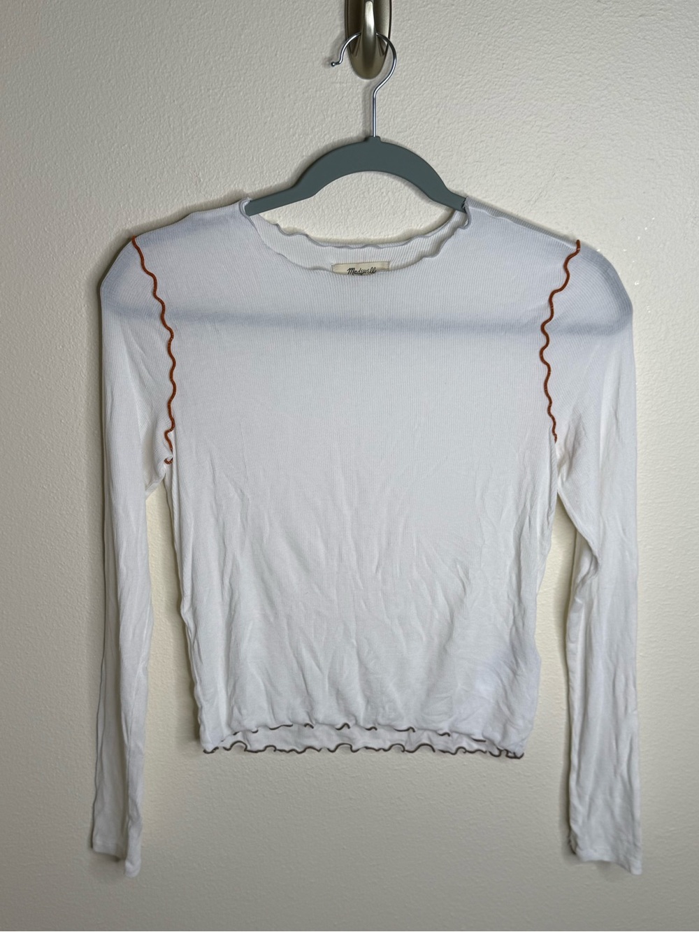 Madewell White Ribbed Long Sleeve Top XS Contrast Lettuce Edge Y2K XS